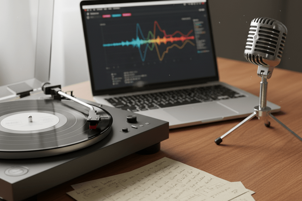Close-up of spinning vinyl record beside laptop showing music analytics under warm natural light.