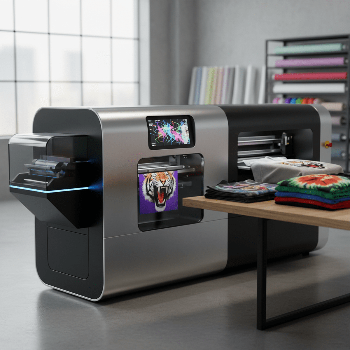 Sleek futuristic shirt printer in a modern studio printing vibrant custom designs.