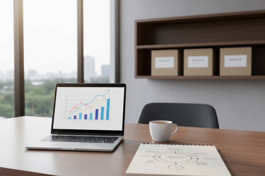 Modern office setup with labeled boxes representing staged product development under natural light