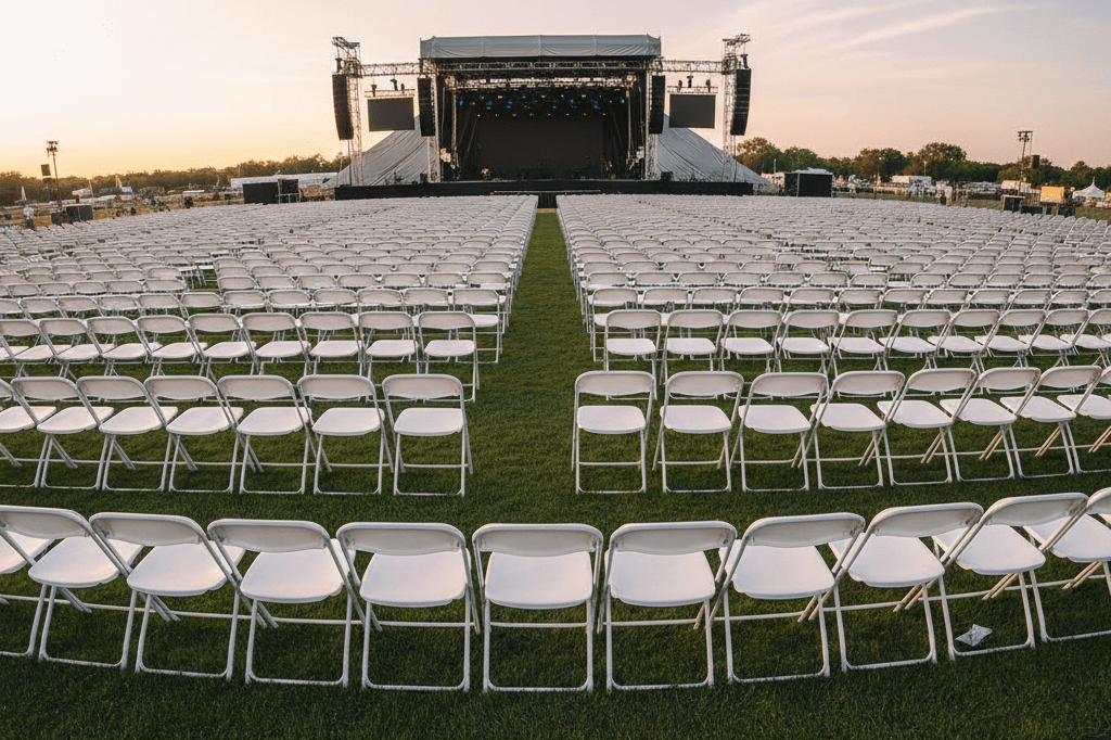 Wide-angle view of an outdoor event space with rows of empty chairs facing a large stage during sunset