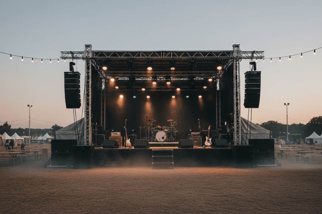 Wide shot of an empty outdoor music festival stage under warm ambient light, capturing pre-performance anticipation