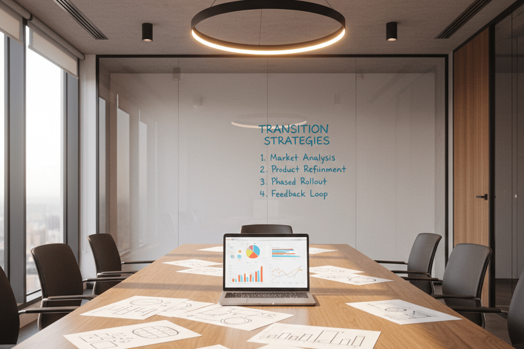 Meeting table with product sketches, analytics graphs, and strategy notes under blended natural and ambient light