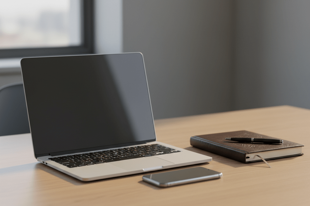 Sleek office desk with laptop, notebook, and phone under natural light, representing business persistence and negotiation tactics
