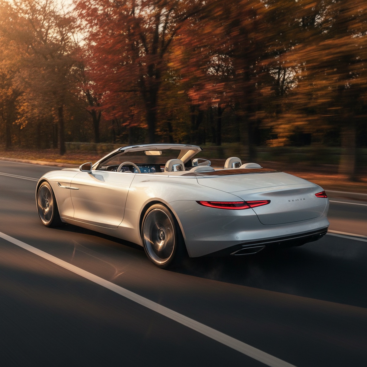 Elegant luxury convertible driving on a tree-lined boulevard during golden hour.