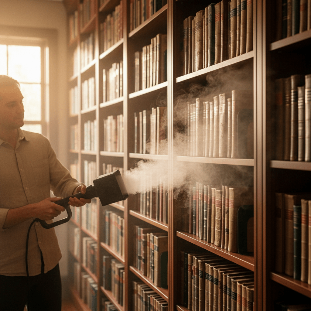 Bed bug steamer treating book spines and shelf joints in a home library.