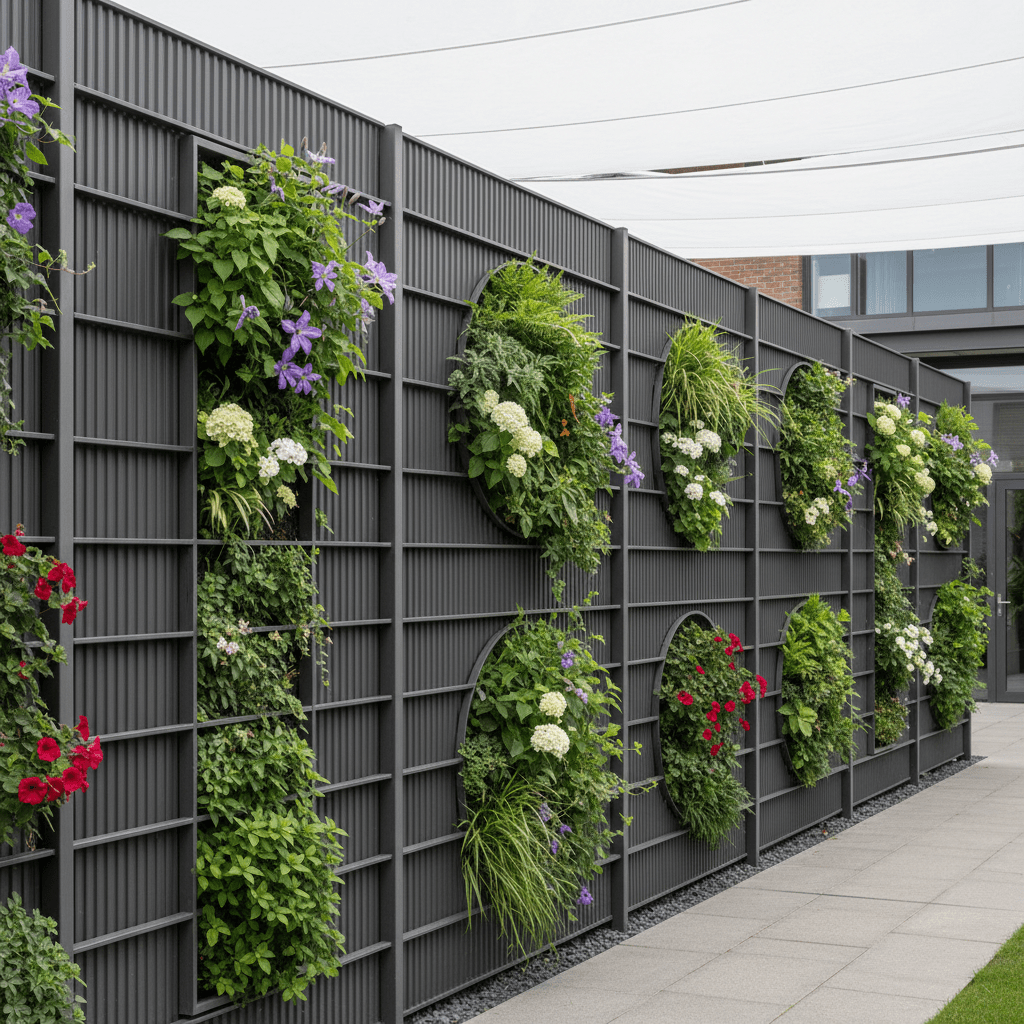 Modern outdoor space with matte charcoal corrugated metal fence and lush greenery.