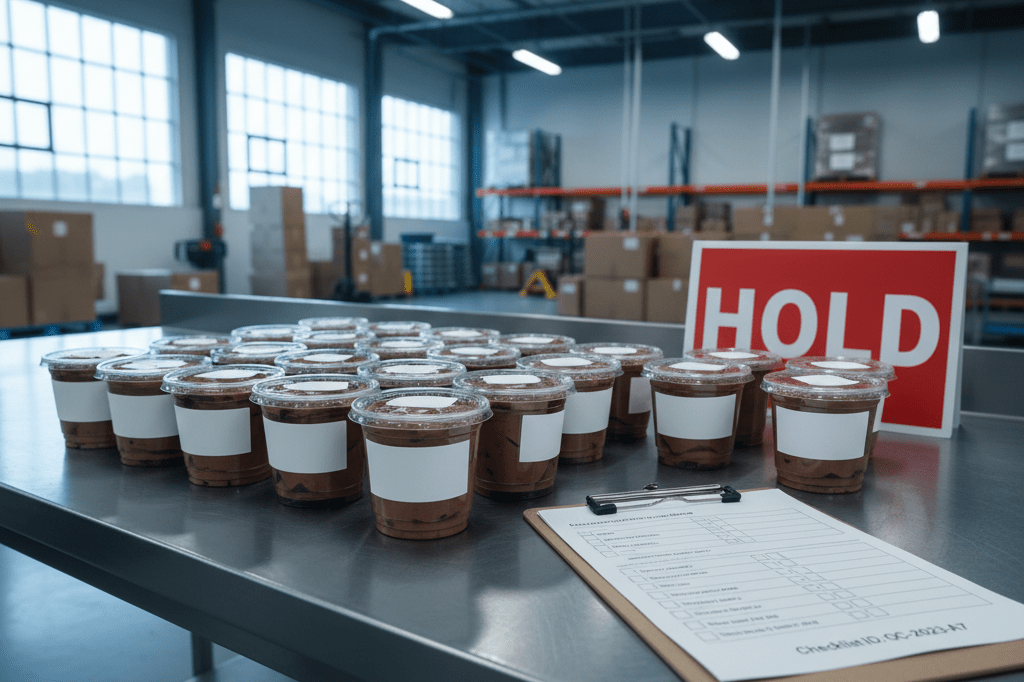Inspection table with generic mousse jars, checklists, and hold sign under warehouse lighting