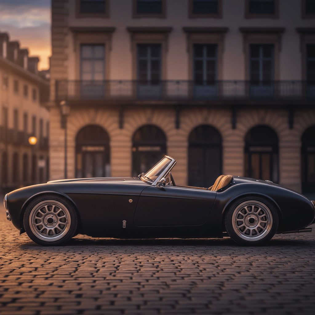 Satin black vintage roadster parked on cobblestone street at dusk.