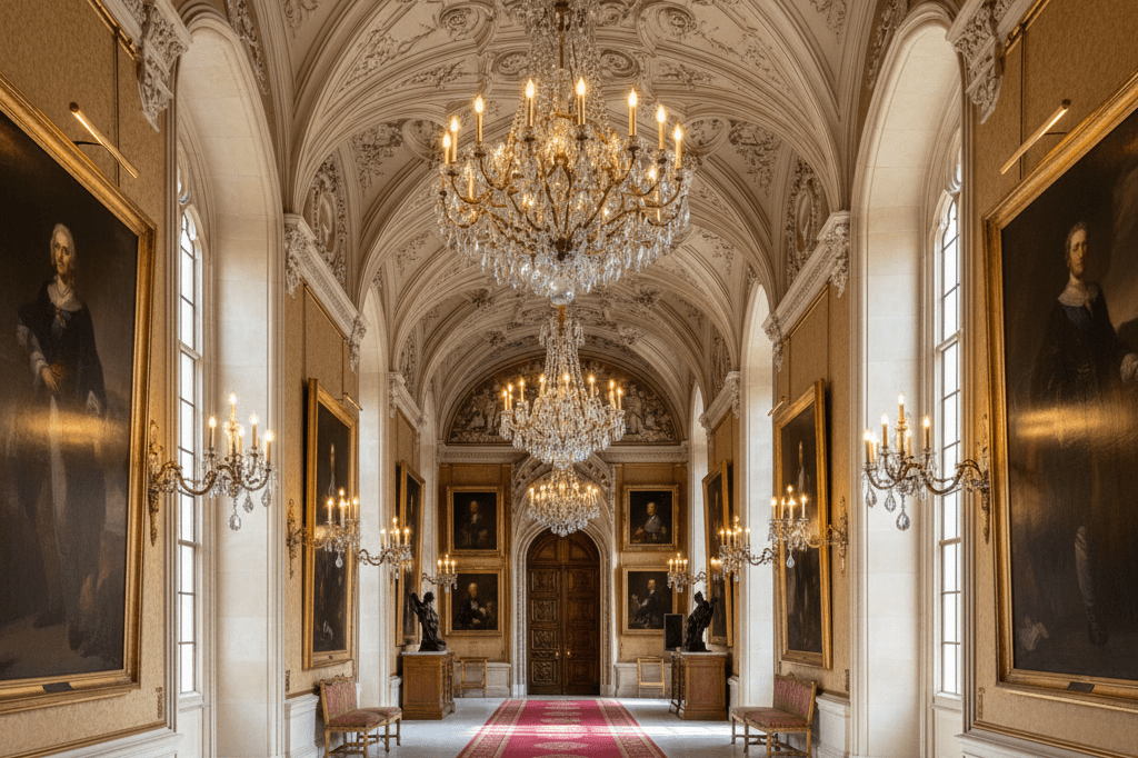 Ornate historic corridor symbolizing power and tradition Wide shot of an opulent corridor with tall ceilings, chandeliers, and framed portraits under natural and ambient lighting