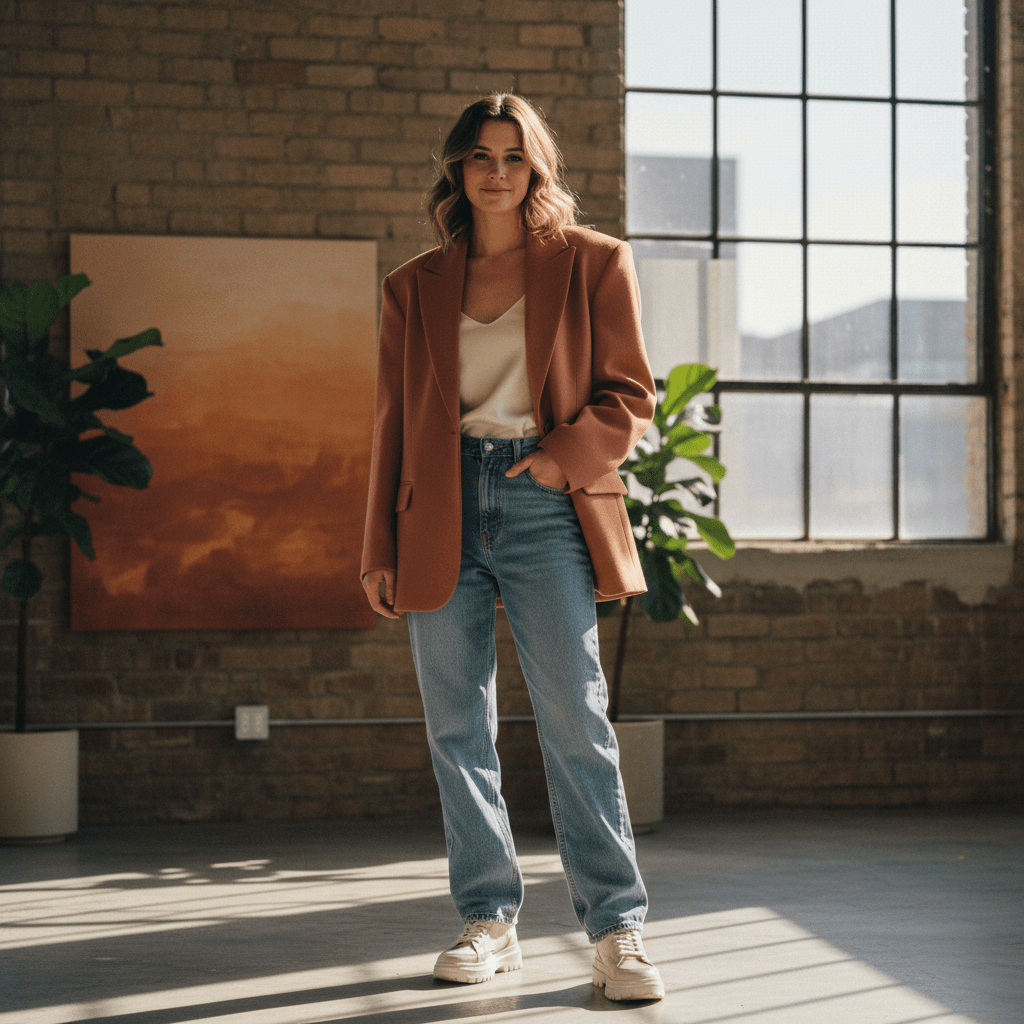 Woman in oversized blazer and relaxed denim in a minimalist urban loft.