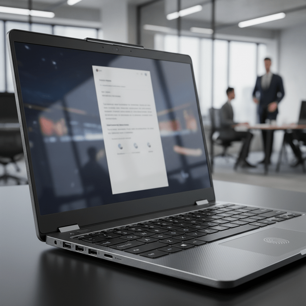 Close-up of an affordable office laptop with metal-reinforced edges and security features.