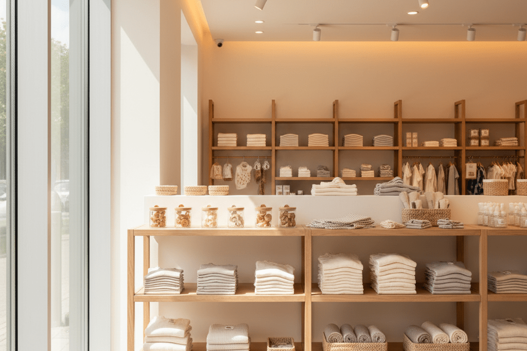 Organized display of baby products on wooden shelves with sunlight and ambient lighting creating a warm, inviting atmosphere