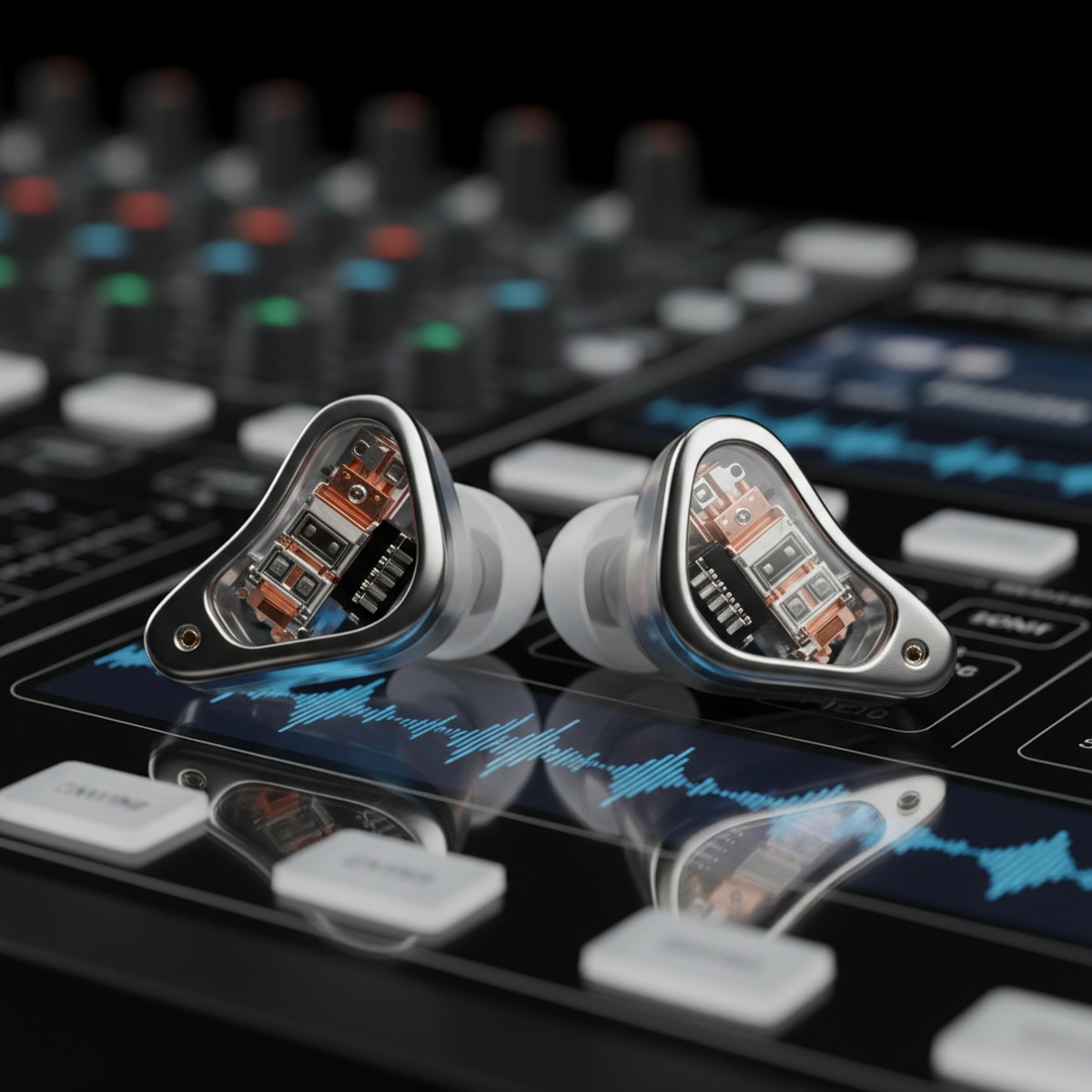 Custom molded concert earplugs with metallic accents on a black audio console.