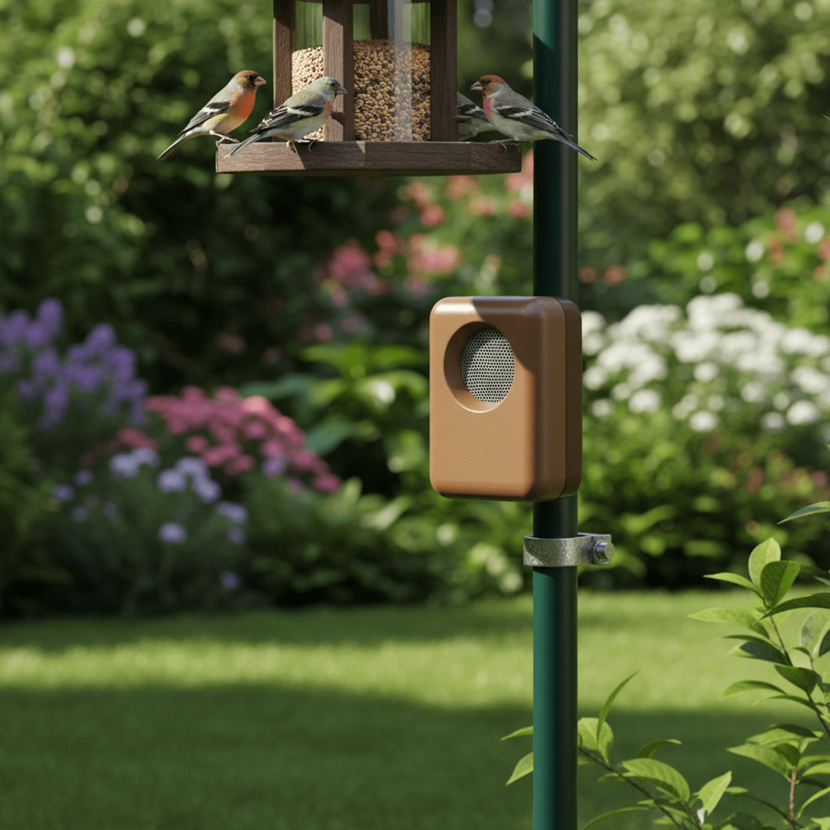 Compact ultrasonic cat repellent device attached to a forest green bird feeder pole.