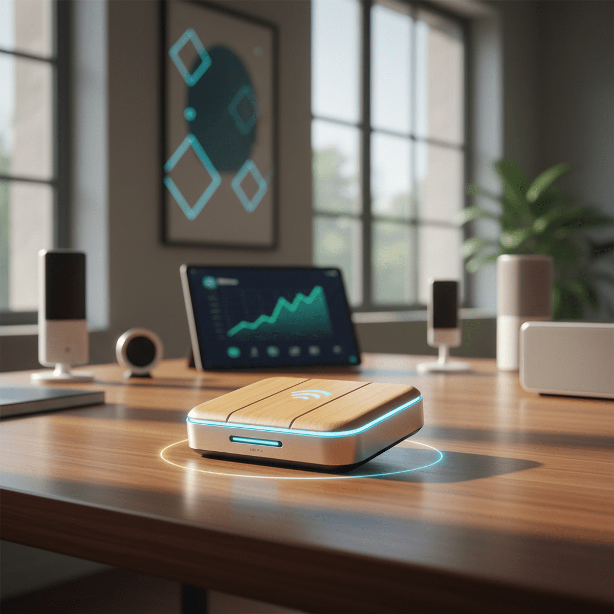 Futuristic smart WiFi dongle with bamboo and aluminum on a polished wooden table.