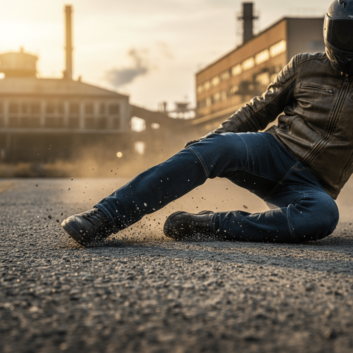 Motorcyclist sliding on rough asphalt, dyneema denim jeans pristine, kinetic motion blur.