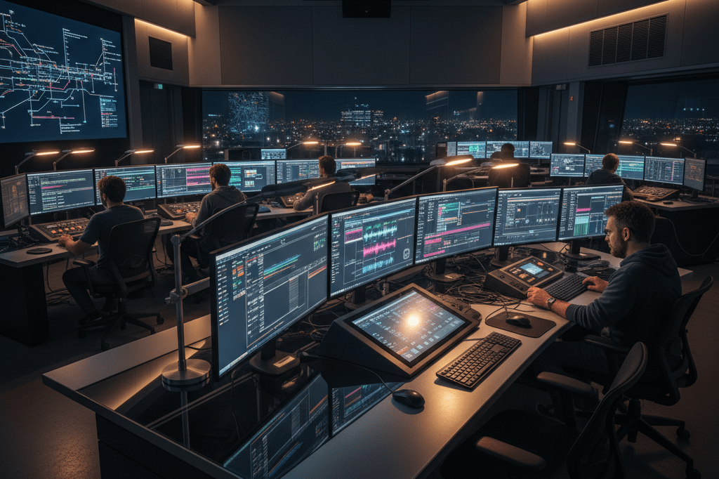 High-tech production studio control room with editing equipment and glowing screens under ambient lighting, showcasing meticulous planning
