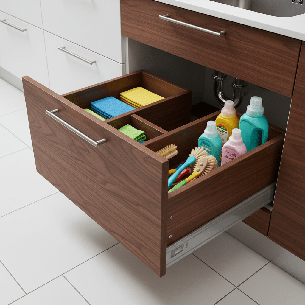 Close-up of a pull-out kitchen drawer with cleaning supplies and wood grain finish.