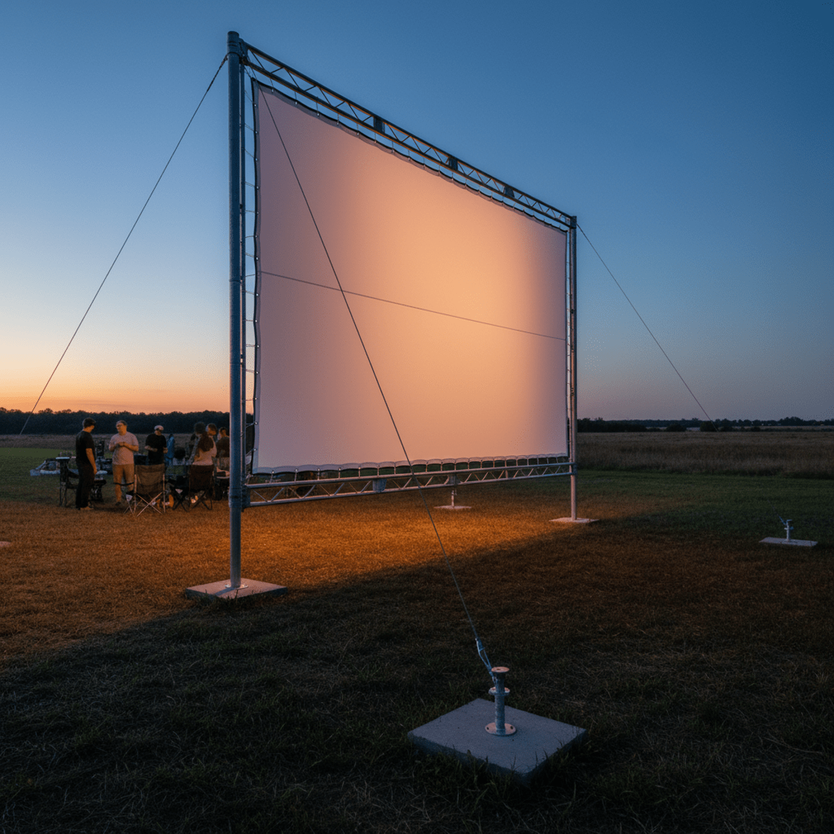 Professional outdoor movie screen with galvanized steel t-posts under evening cinematic lighting.