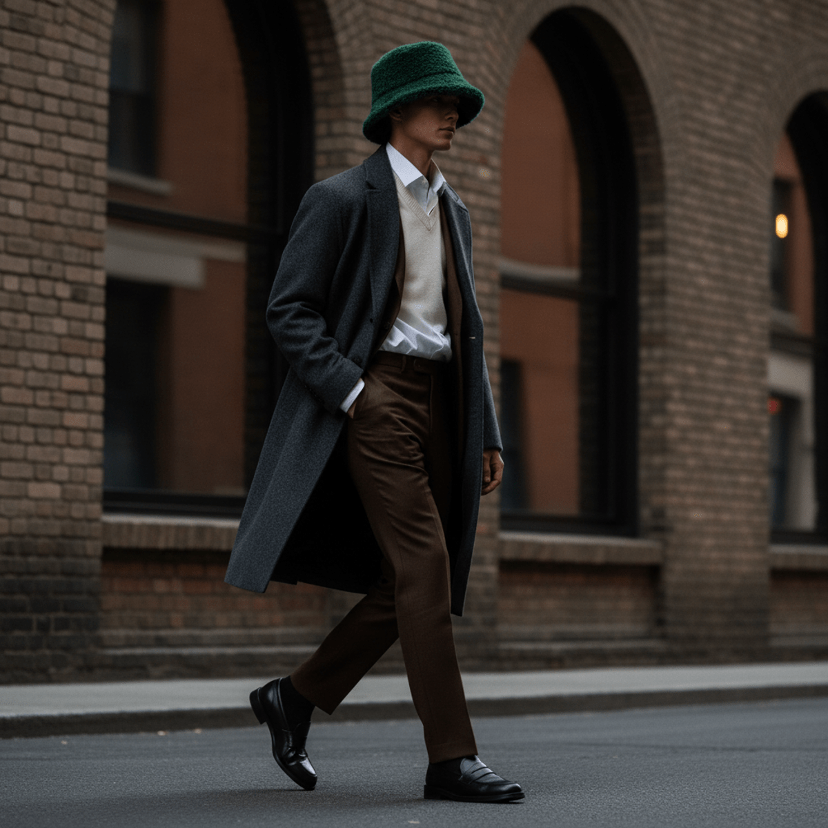 Man in smart-casual 80s-inspired urban fashion with a fuzzy forest green bucket hat.