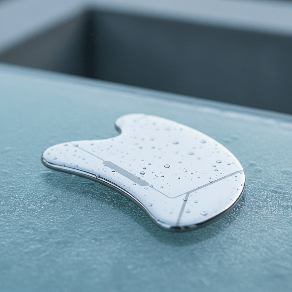 Mirror-polished stainless steel gua sha tool with condensation droplets on frosted glass.