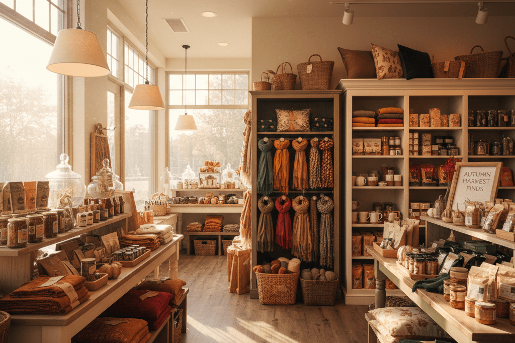 Sunlit retail aisle with autumn goods and warm lighting, symbolizing senior spending power and market growth