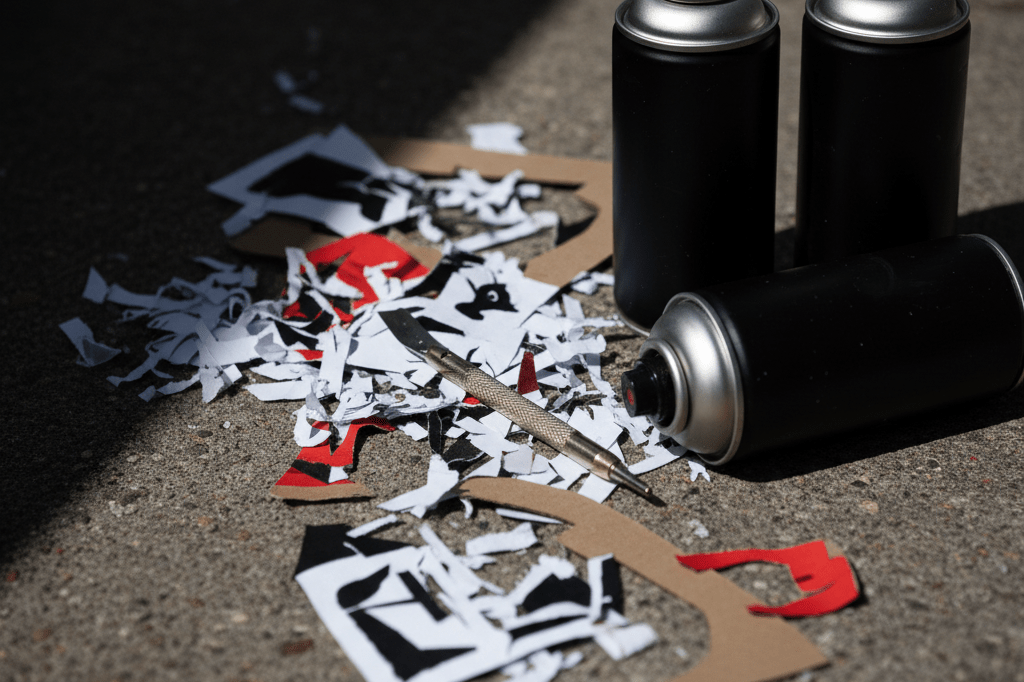 Close-up view of stencil tools and spray paint under natural light, evoking anonymity in art