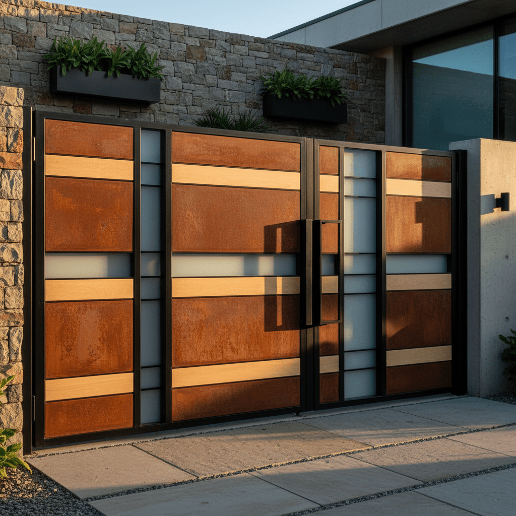 Modern Corten steel gate with frosted glass and wood accents, bathed in golden hour light.