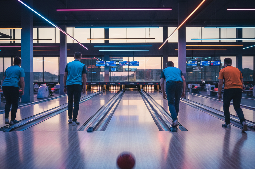 Professional bowlers competing under dynamic lighting conditions Five professional bowlers in action at a modern bowling alley during evening hours, illuminated by ambient lights