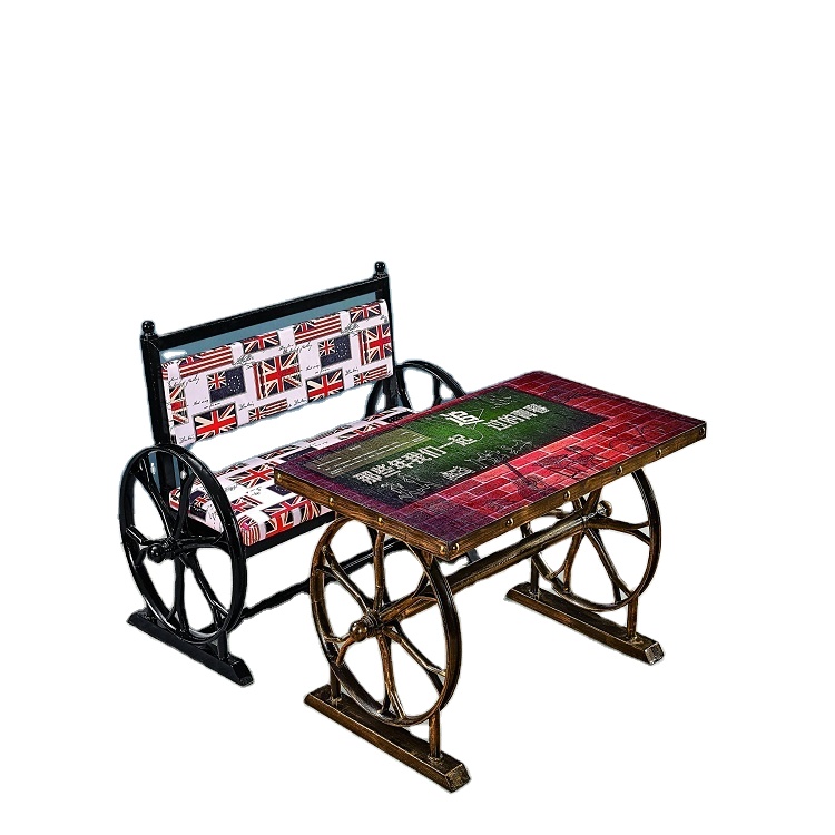 Оптовая продажа, старинные металлические наборы мебели для барной мебели с двумя колесами, украшение для стула с флагом Англии