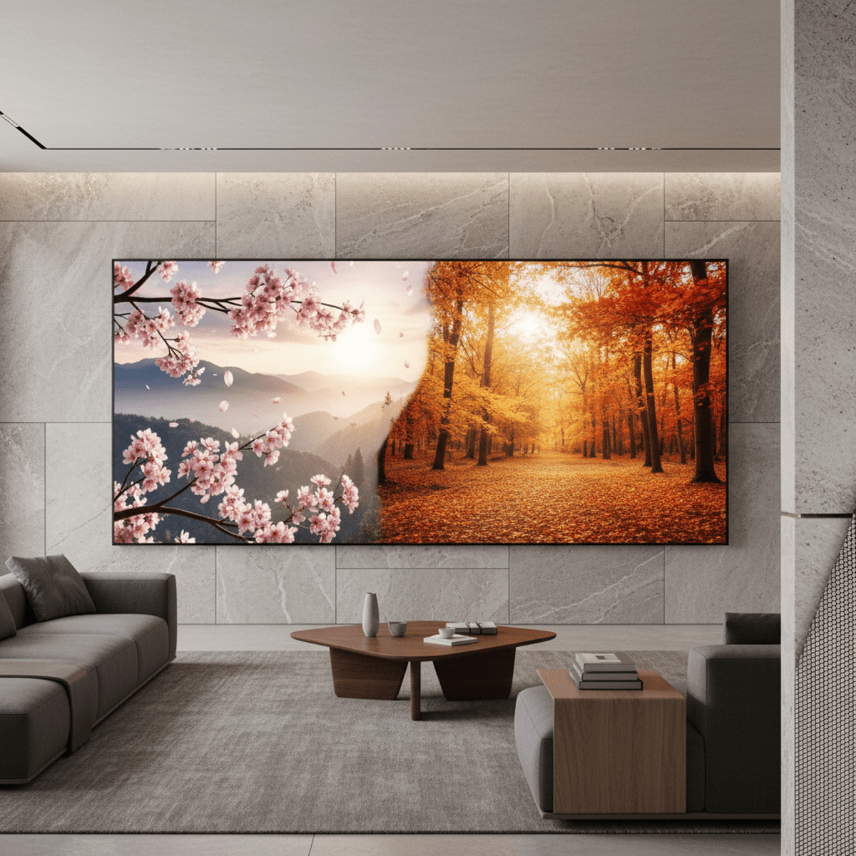 Minimalist living space featuring a MicroLED display showing seasonal nature scenes.
