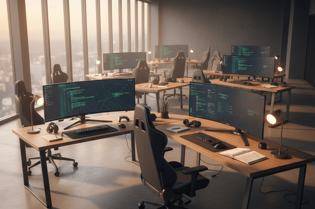 Wide shot of a vacant gaming studio with monitors and peripherals under warm ambient lighting, symbolizing reduced engagement and workforce cuts