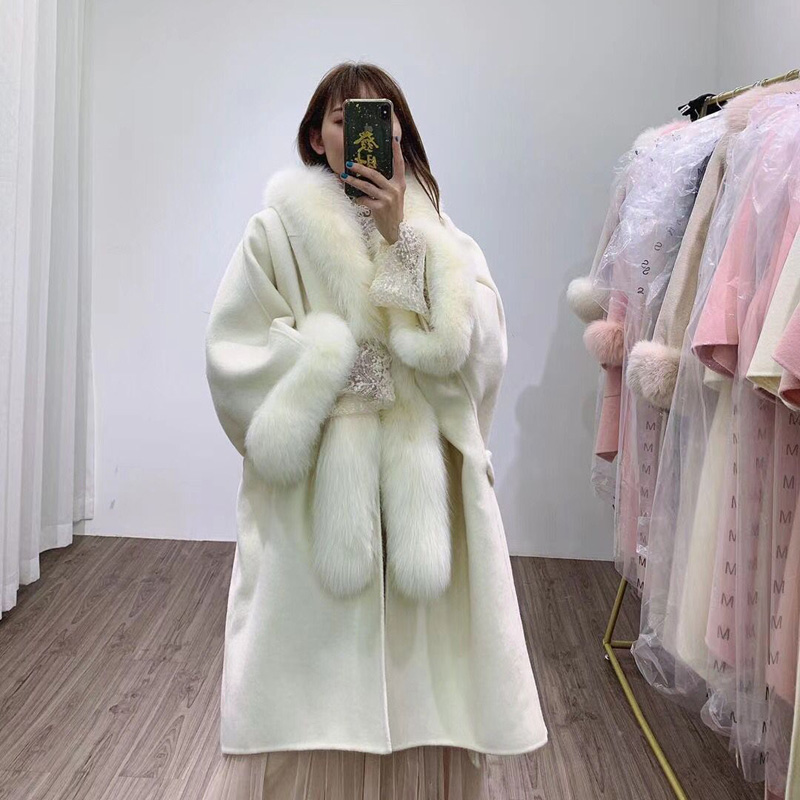 CX-G-T-30 Winter Trend  Women Wool Coat Real Fox Fur Collar Jacket Cashmere Trench Cape Coat