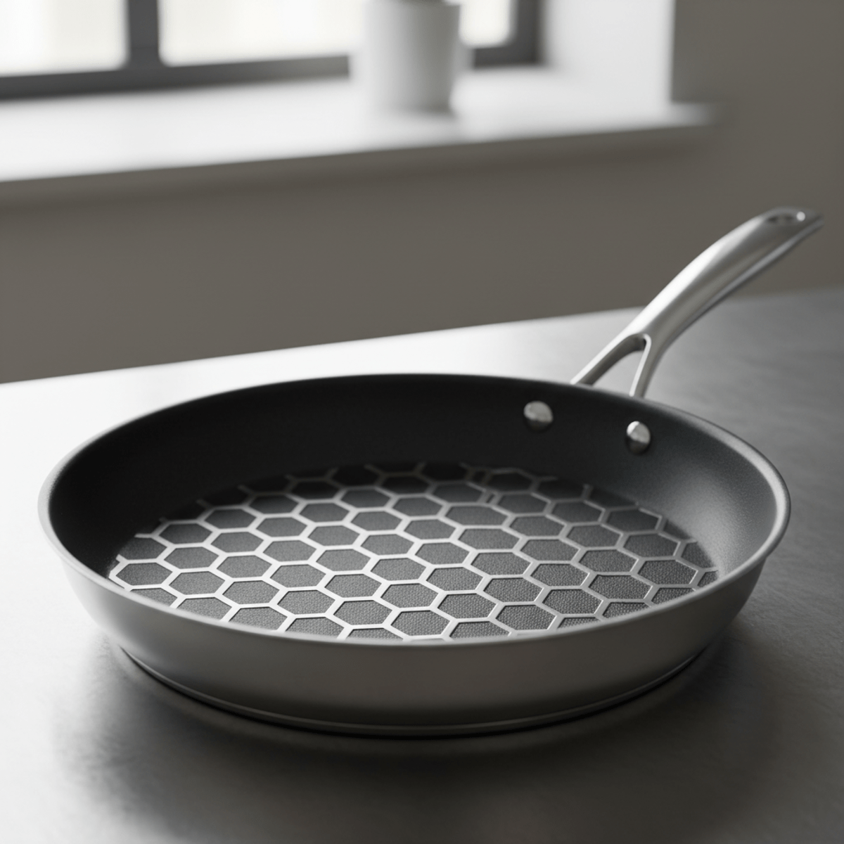 Premium hybrid non-stick frying pan with intricate laser-etched hexagonal grid pattern.