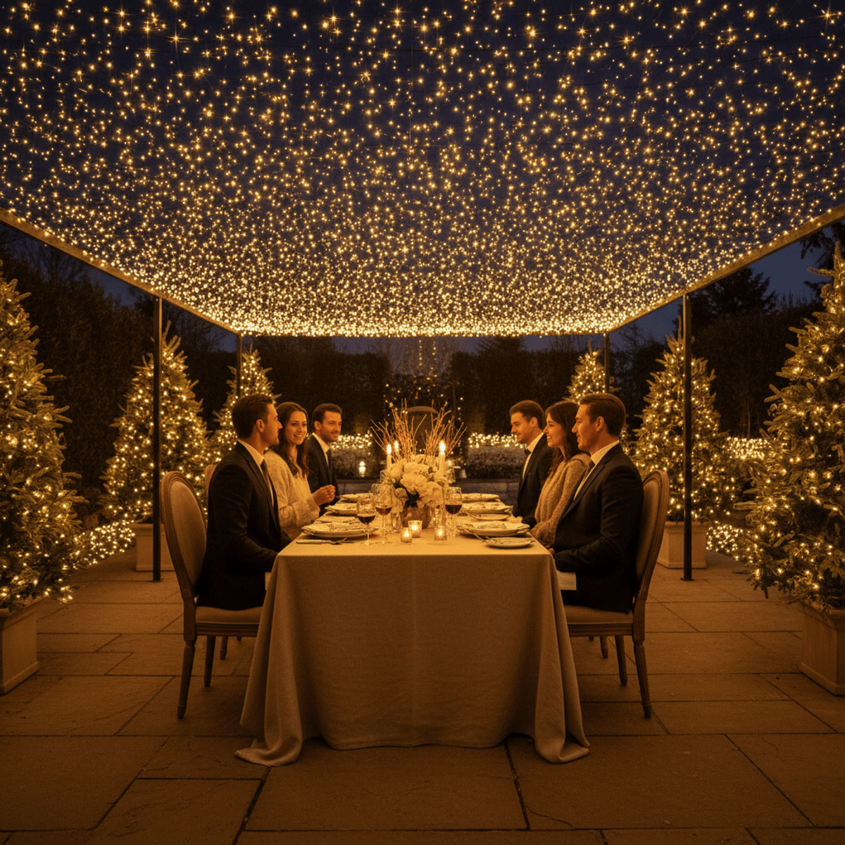 Elegant patio with a luxurious golden starry night canopy created by Christmas lights.