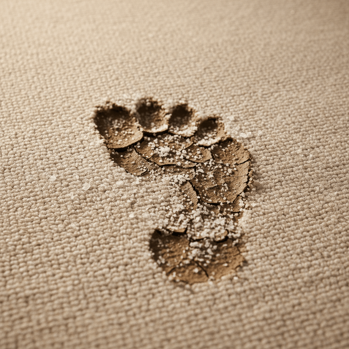 Dried muddy footprint on cream carpet, covered with sparkling salt granules.