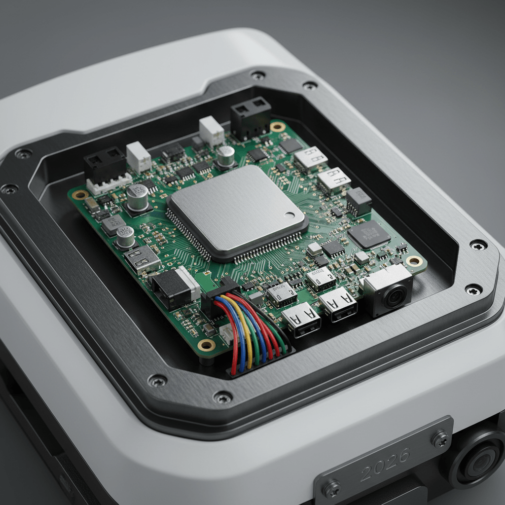 Integrated single board PC in autonomous delivery bot with sensors and wiring.