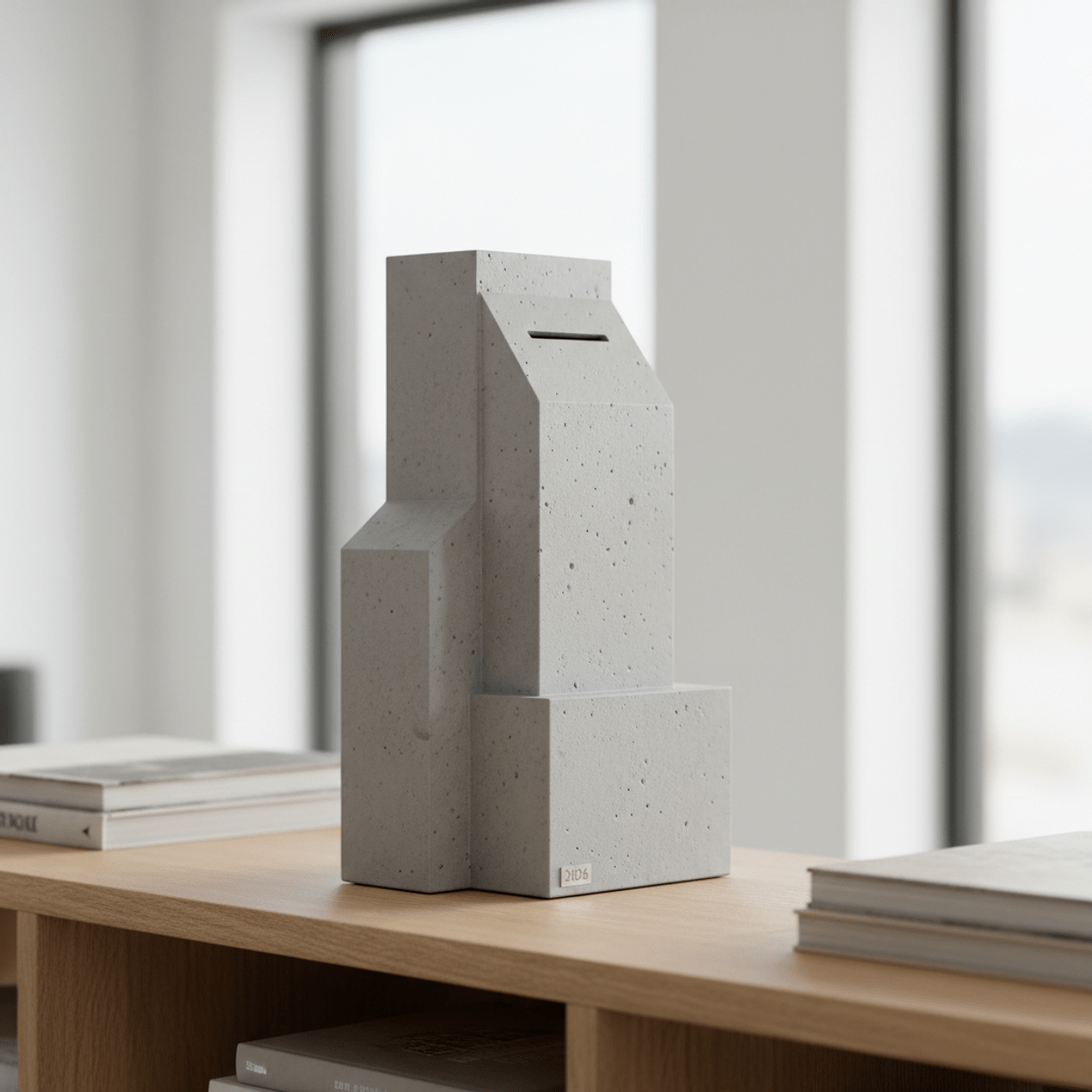 Brutalist concrete piggy bank with sharp angular edges. Monolithic concrete piggy bank with sharp edges on a modern wooden shelf.