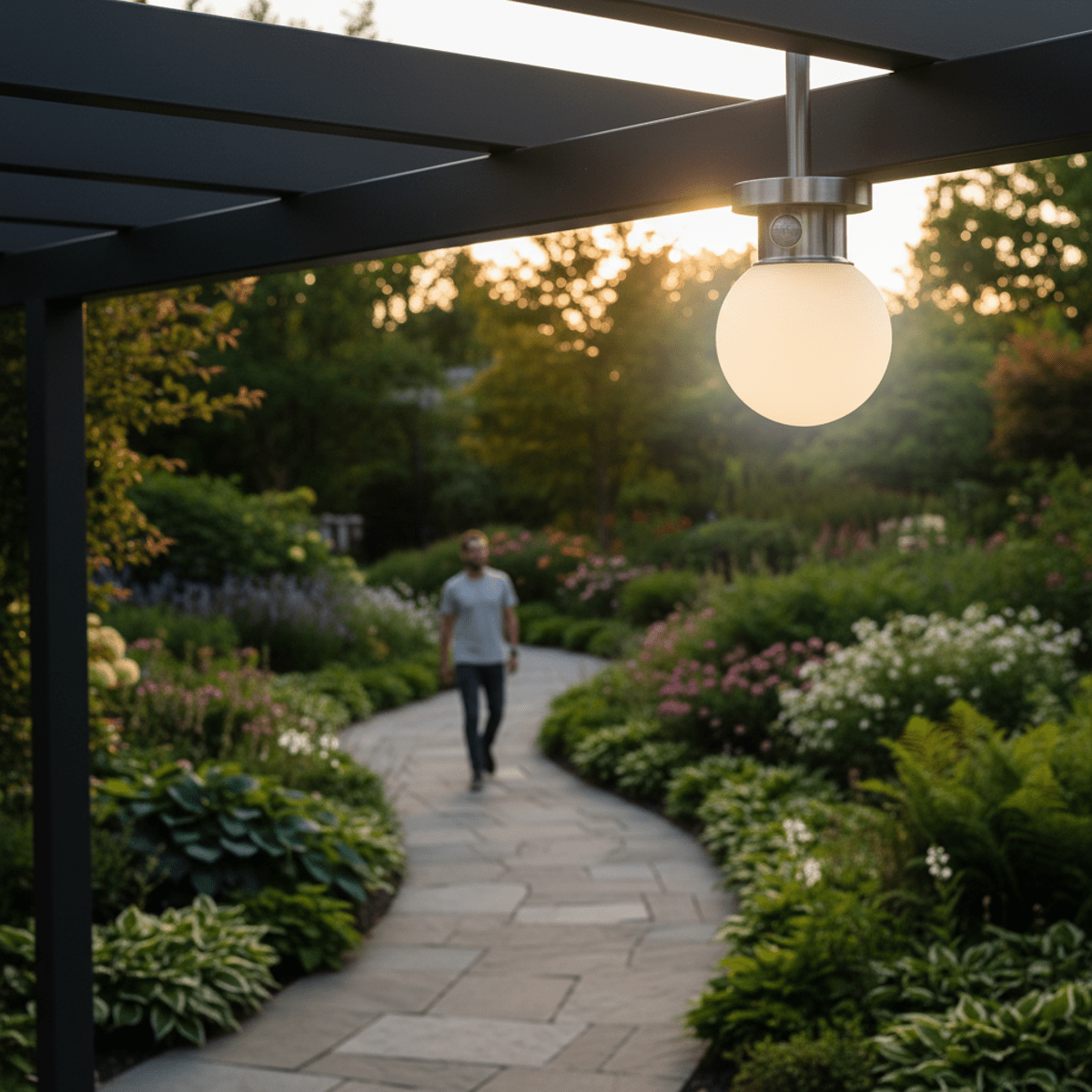 Solar powered frosted glass light bulb with motion sensor illuminates garden path.