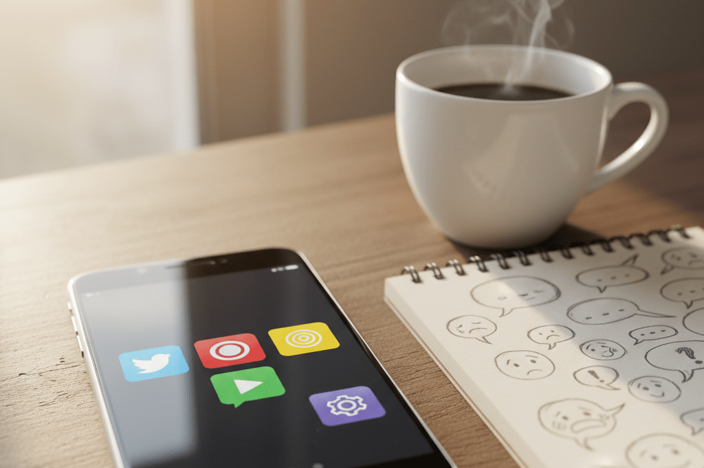 Close-up of a smartphone showing social media icons amidst casual work setting details, suggesting online dialogue about brand storytelling