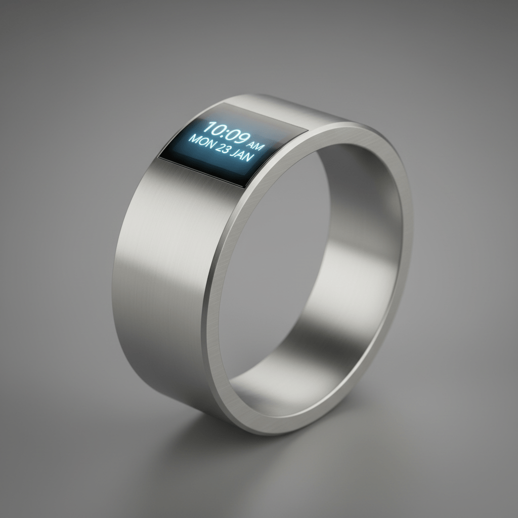 Sleek futuristic ring watch with a hidden glowing e-ink screen.