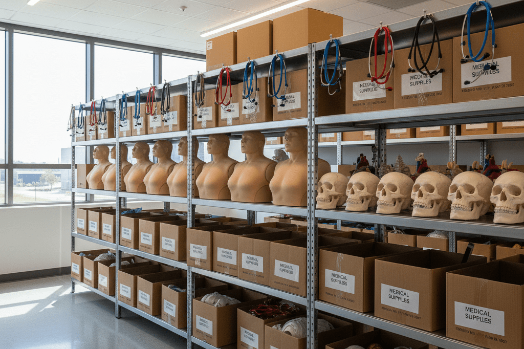 Shelves filled with generic medical supplies and training tools under natural light, representing preparation for expanded residency programs