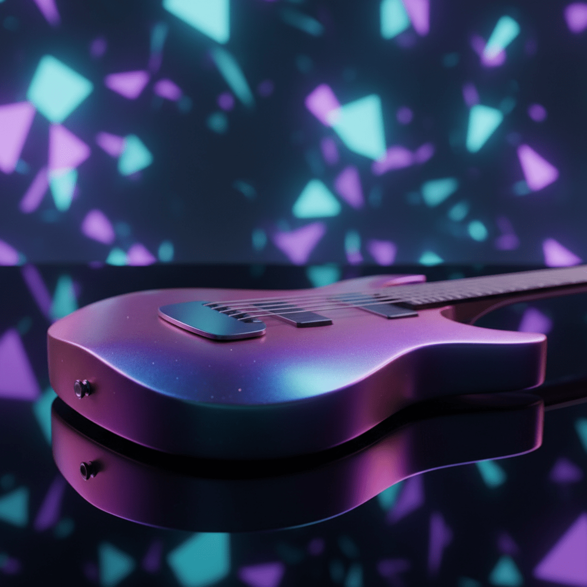 Close-up of an iridescent purple guitar with shifting holographic colors on a reflective surface.