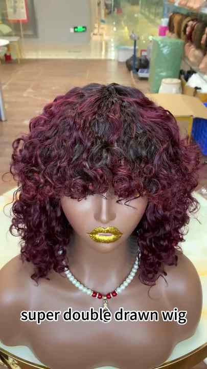 Super Double Drawn Human Hair Wig Short Curly Wig 12 Inch Fringe Bob ...