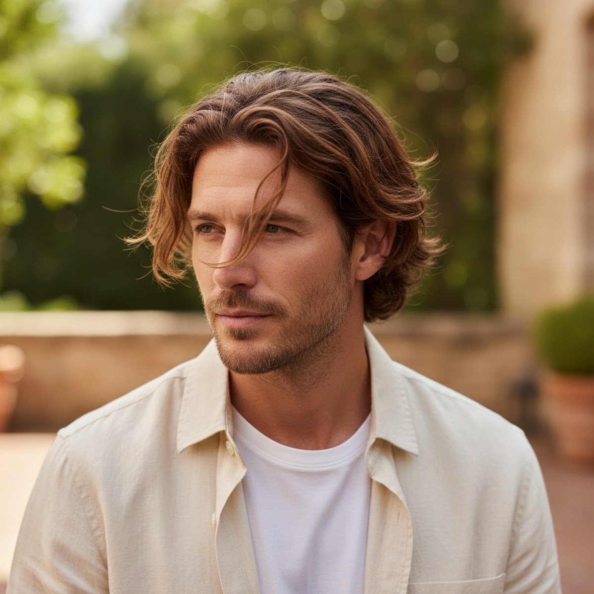 Man with wavy mid-length Bro Flow hair in casual shirt, outdoor setting.