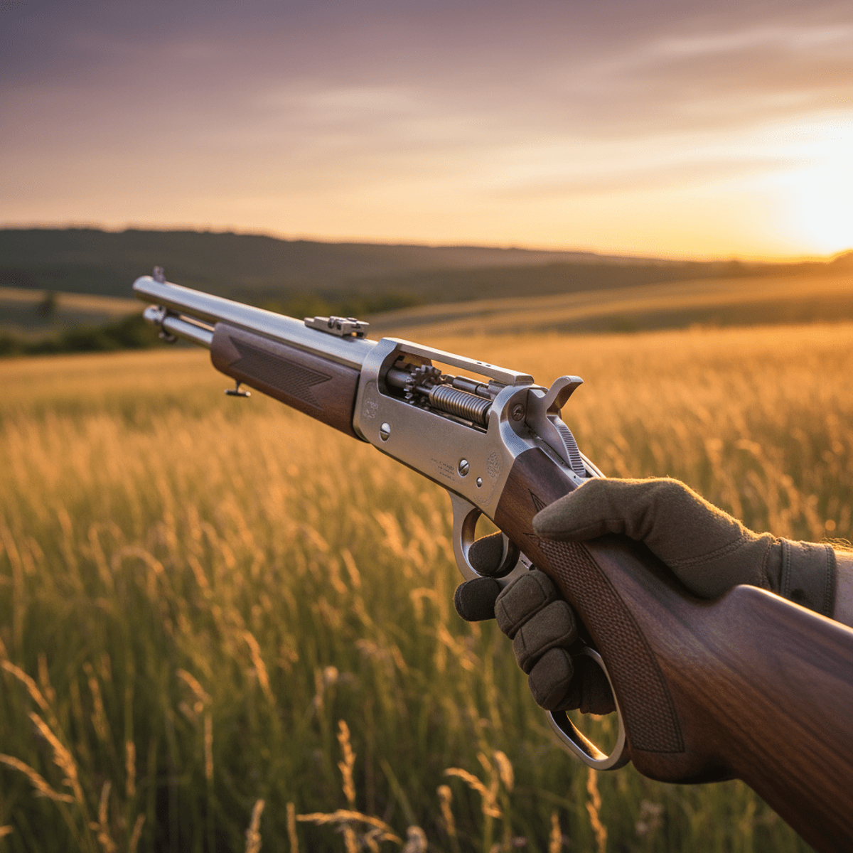 Modern lever-action rifle in golden hour sunlight Hands grip a modernized lever-action rifle with wood stock in golden hour sunlight.