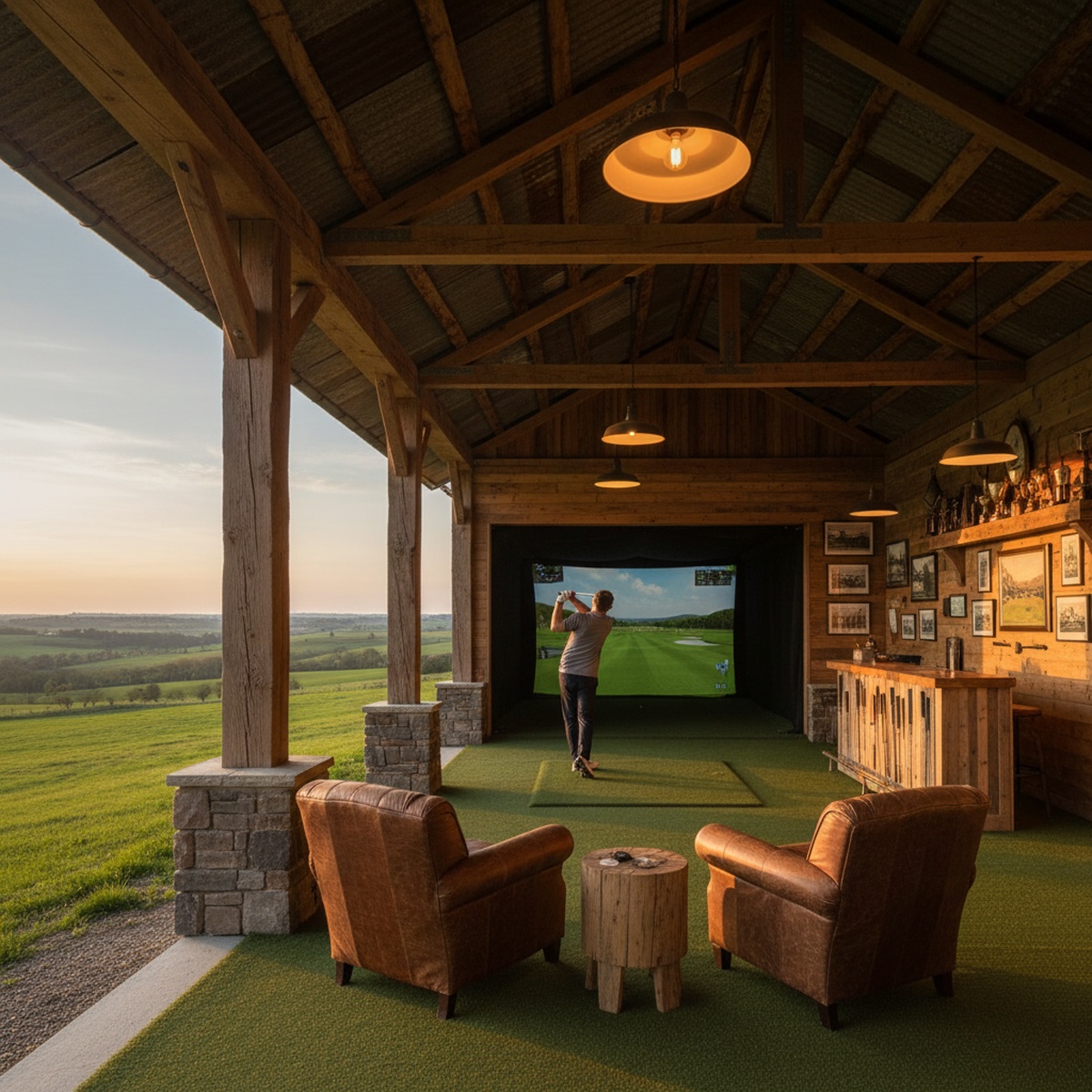 Rustic golf simulator barn pavilion with countryside views and amber lighting.