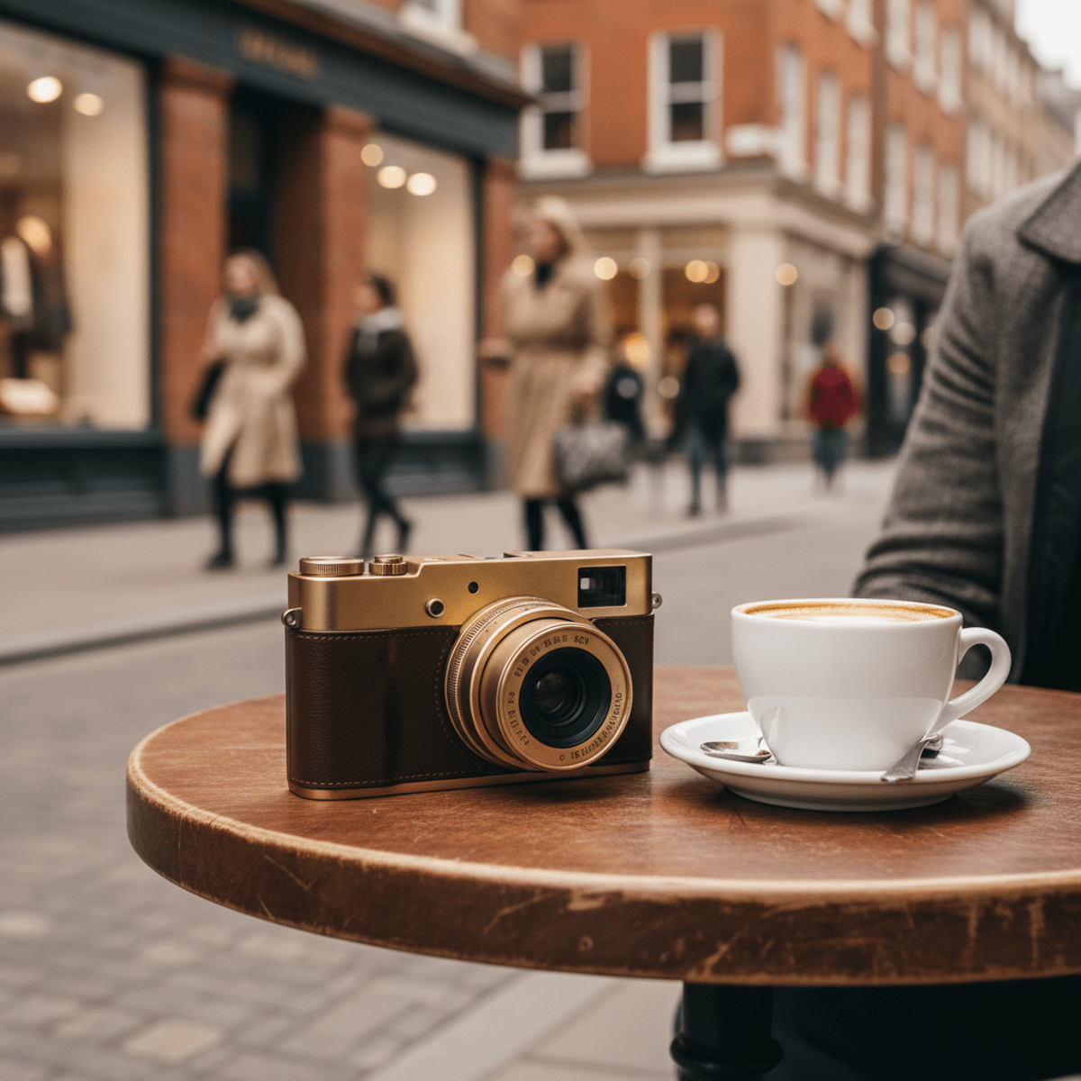 Compact retro camera with brass and leather grip on cafe table.