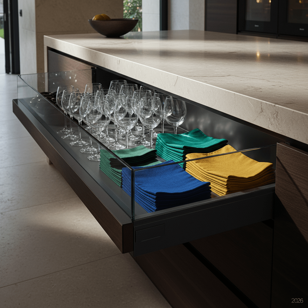 Luxury kitchen drawer with glass sides, metal frame, and organized glassware and linens.