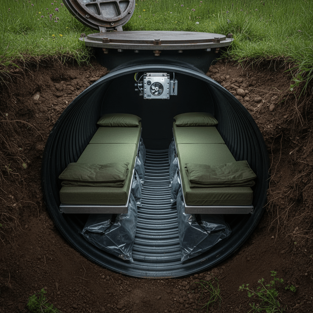 Cross-section of an underground bunker showing a large culvert pipe with seating and storage.